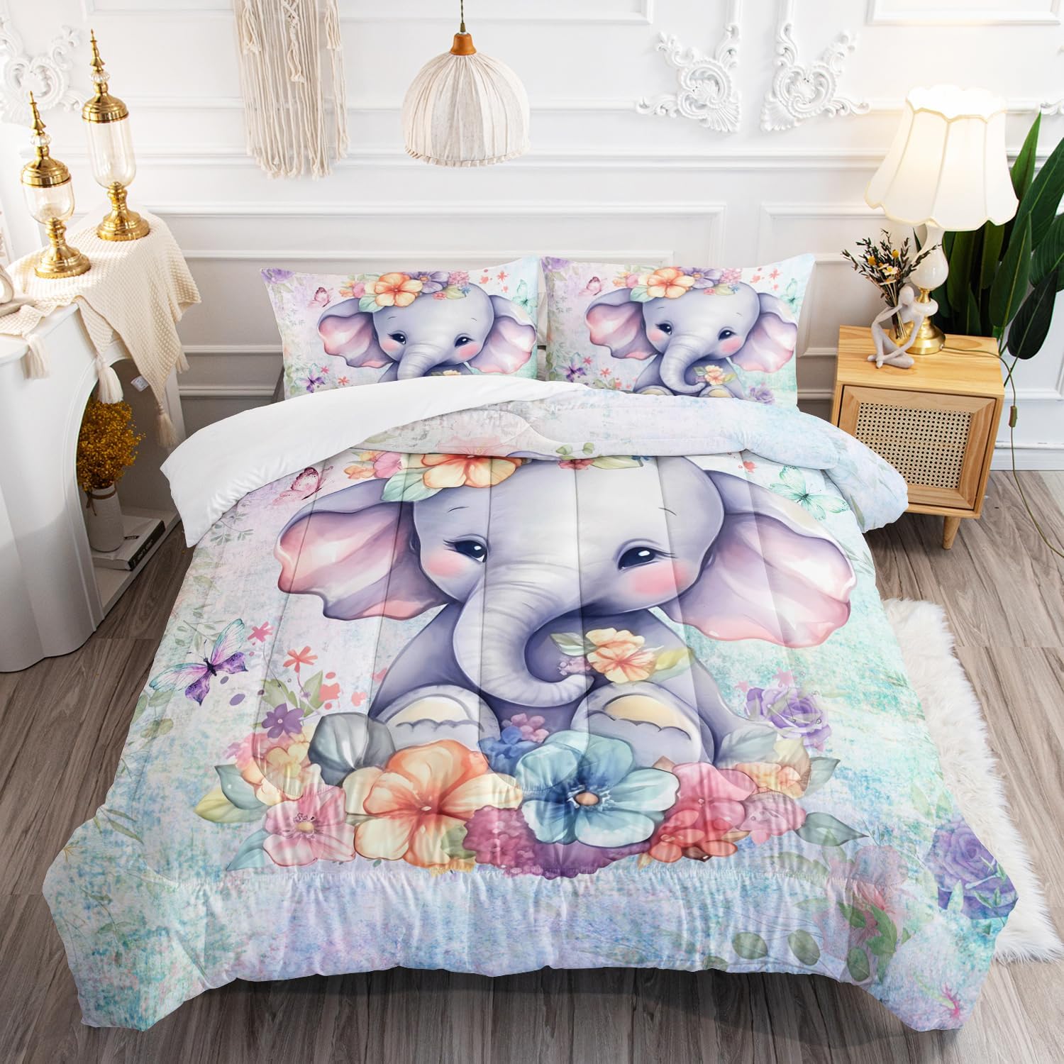 AILONEN Girls Elephant Comforter Set Twin Size, Cute Baby Elephant Bedding Set