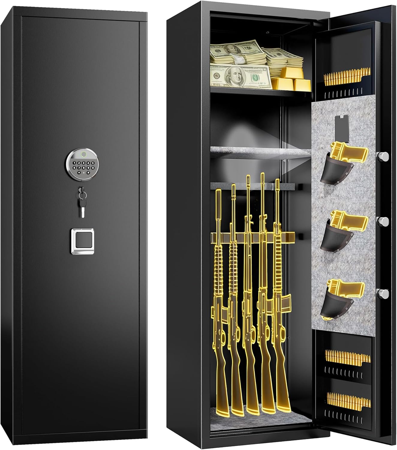 Gun Safe,Rifle Safe With Biometric Gun Safe, Heat-Resistant Heavy Duty Gun Safes, Large No-Assembly Rifle Safe for Home Defense with Adjustable Shelves, Black