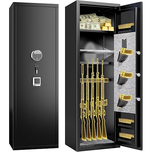 Gun Safe,Rifle Safe With Biometric Gun Safe, Heat-Resistant Heavy Duty Gun Safes, Large No-Assembly Rifle Safe for Home Defense with Adjustable Shelves, Black