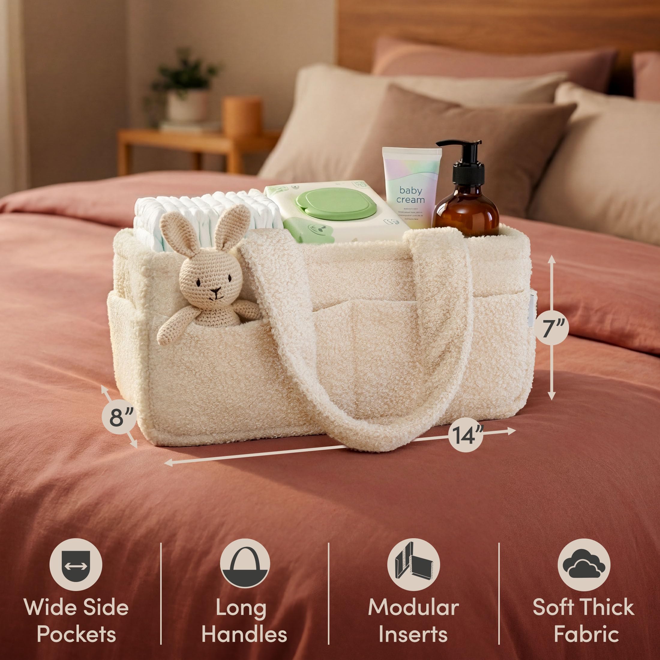 PUTSKA Fleece Nappy Caddy Organiser Soft Teddy Fabric Baby Caddy with Handles, Portable Nursery Storage for Nappies, Wipes & Baby Essentials, Cream - Image 4