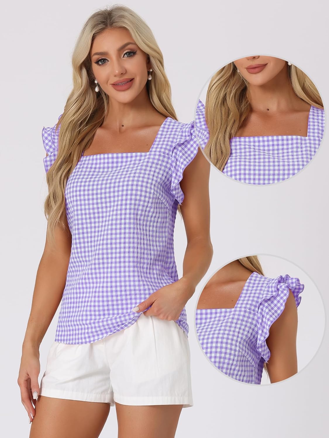 Allegra K Gingham Tops for Women Summer Ruffle Cap Sleeve Square Neck Plaid Blouses Shirt Summer Outfits - Image 4