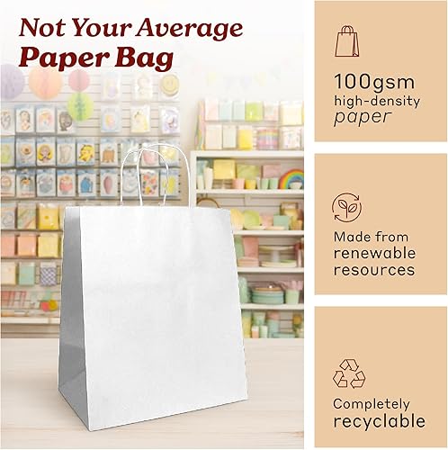 Miniatura 70 de PTP BAGS Bolsas Jr. Mart blancas de 13 x 7 x 13 pulgadas, bolsas de papel blanco con asas [paquete de 250] para regalo de papel kraft reciclable