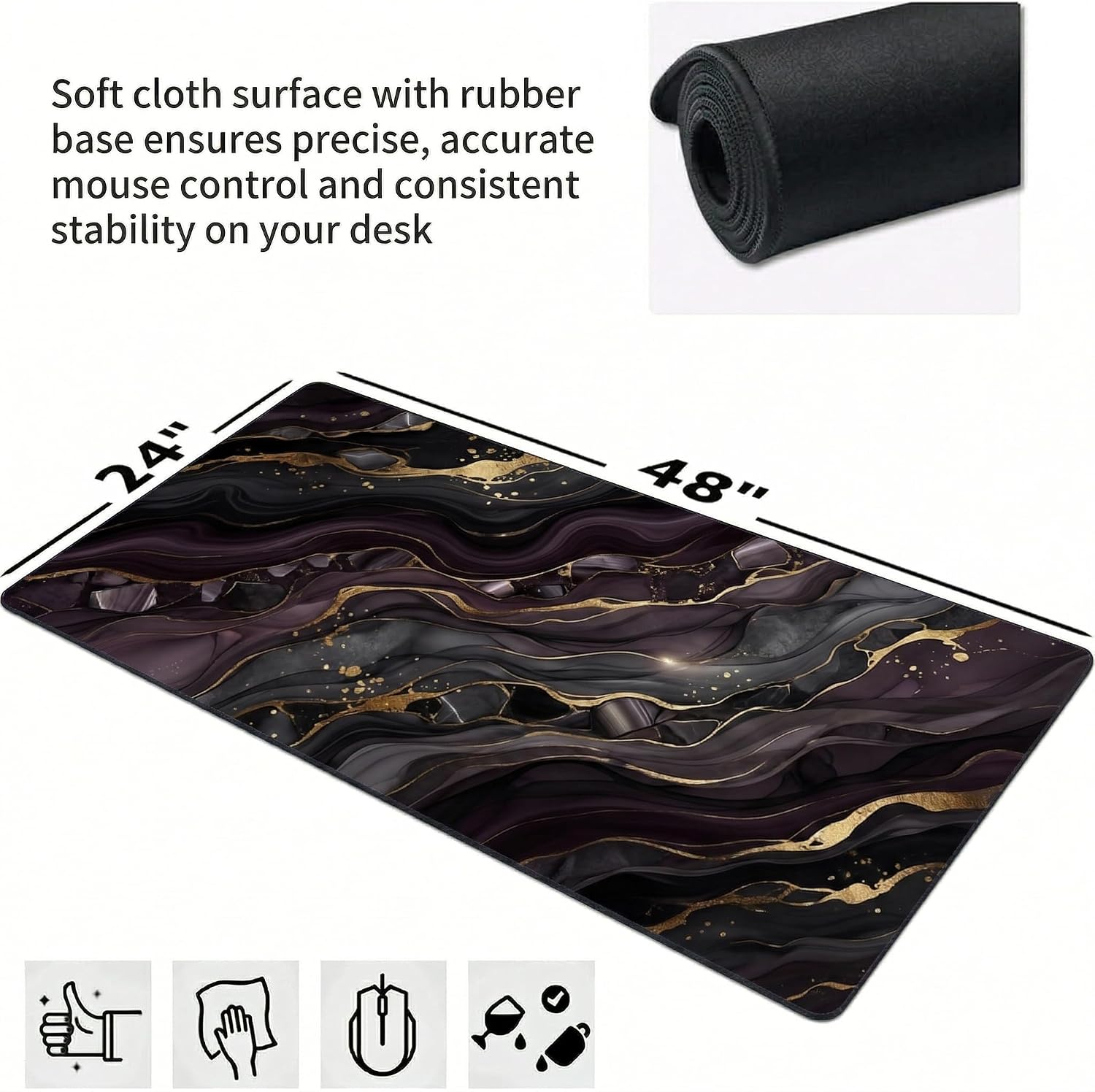 48x24in Black Gold Marble Mouse Pad, Luxury Abstract Desk Mat image 2