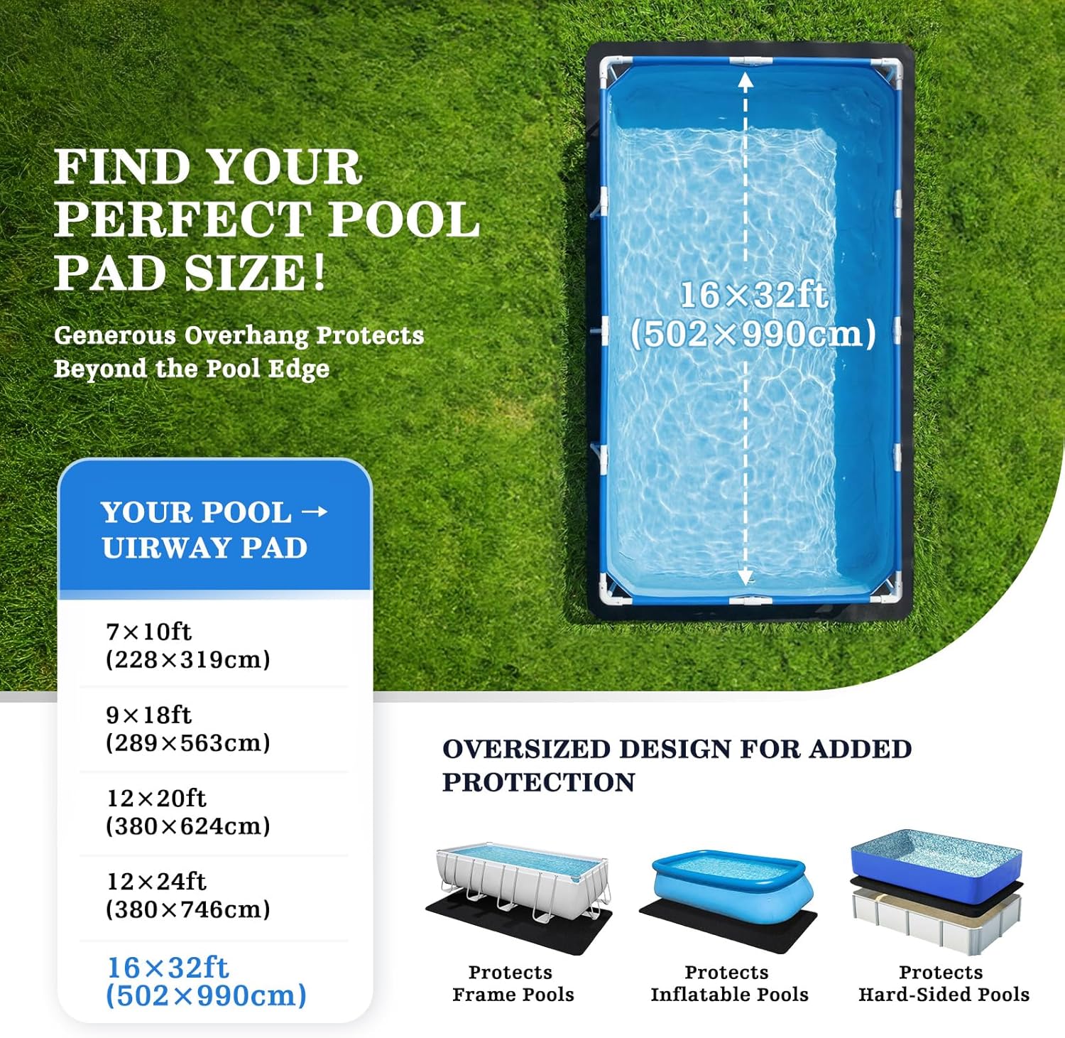 UIRWAY 16 x 32ft Rectangle Heavy Duty Pool Liner Pad for Above Ground Swimming Pools, [2026 New Pool Pad 300G/M² Thicker] Pool Padding Underlayment for Pool Bottom,Seamless Pool Pad Non-Woven Fabric