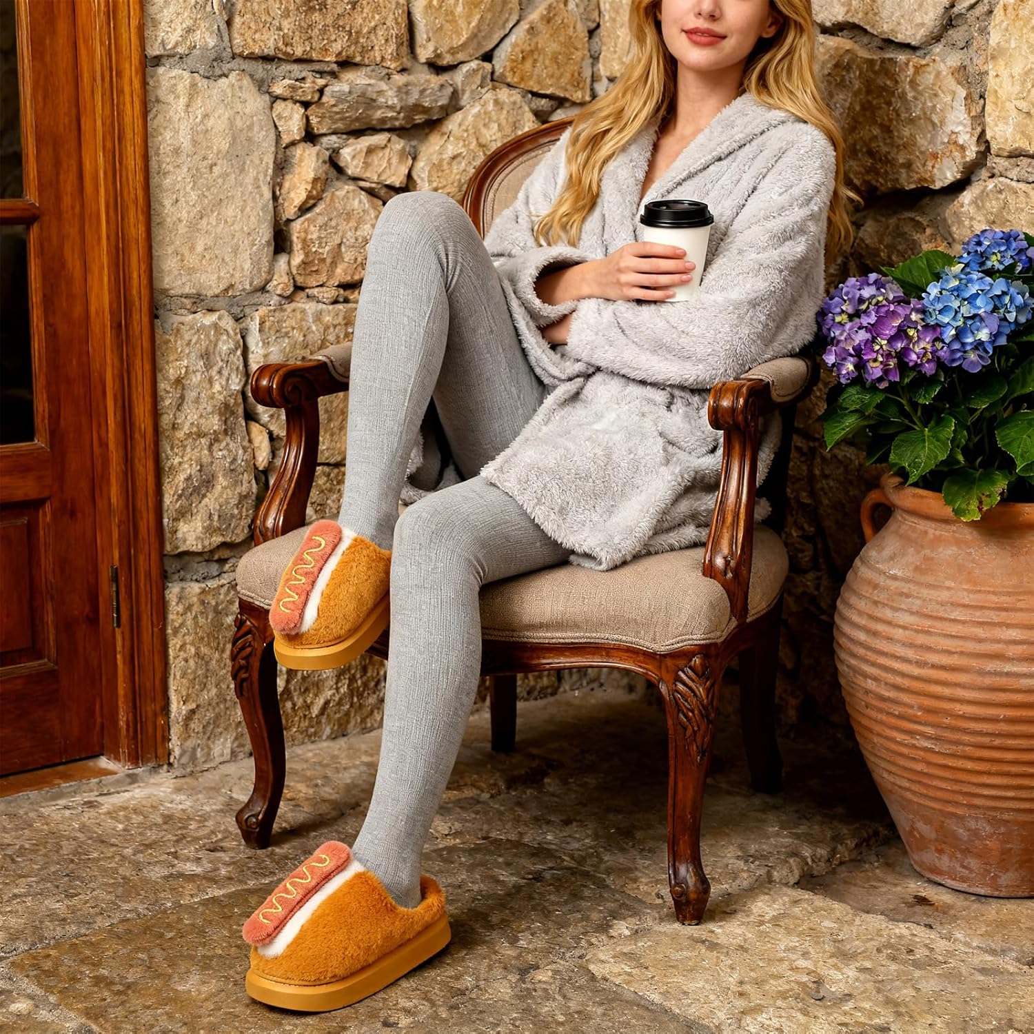 Hamburger Slippers Plush Fuzzy Slip on Indoor Thermal Slippers Comfy Memory Foam Non-slip House Shoes - Image 2