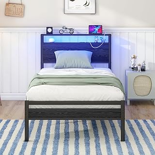 HOJINLINERO Single Bed Frame with Storage Shelf Headboard & LED Lights,Metal Platform Bed Frame with Charging Station,Mattress Base/Strong Slats Support/UnderBed Storage/Easy Assembly for Adults,Black