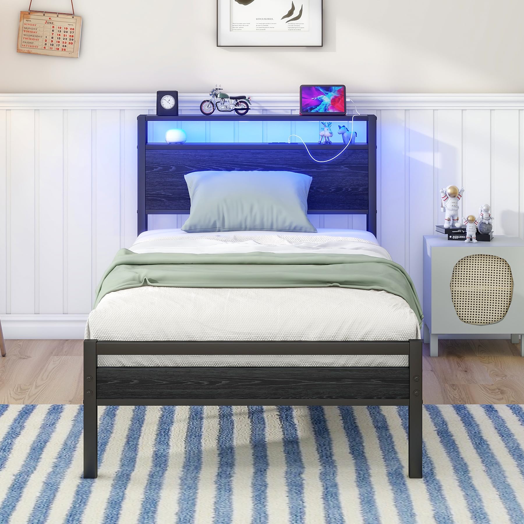 HOJINLINERO Single Bed Frame with Storage Shelf Headboard & LED Lights,Metal Platform Bed Frame with Charging Station,Mattress Base/Strong Slats Support/UnderBed Storage/Easy Assembly for Adults,Black