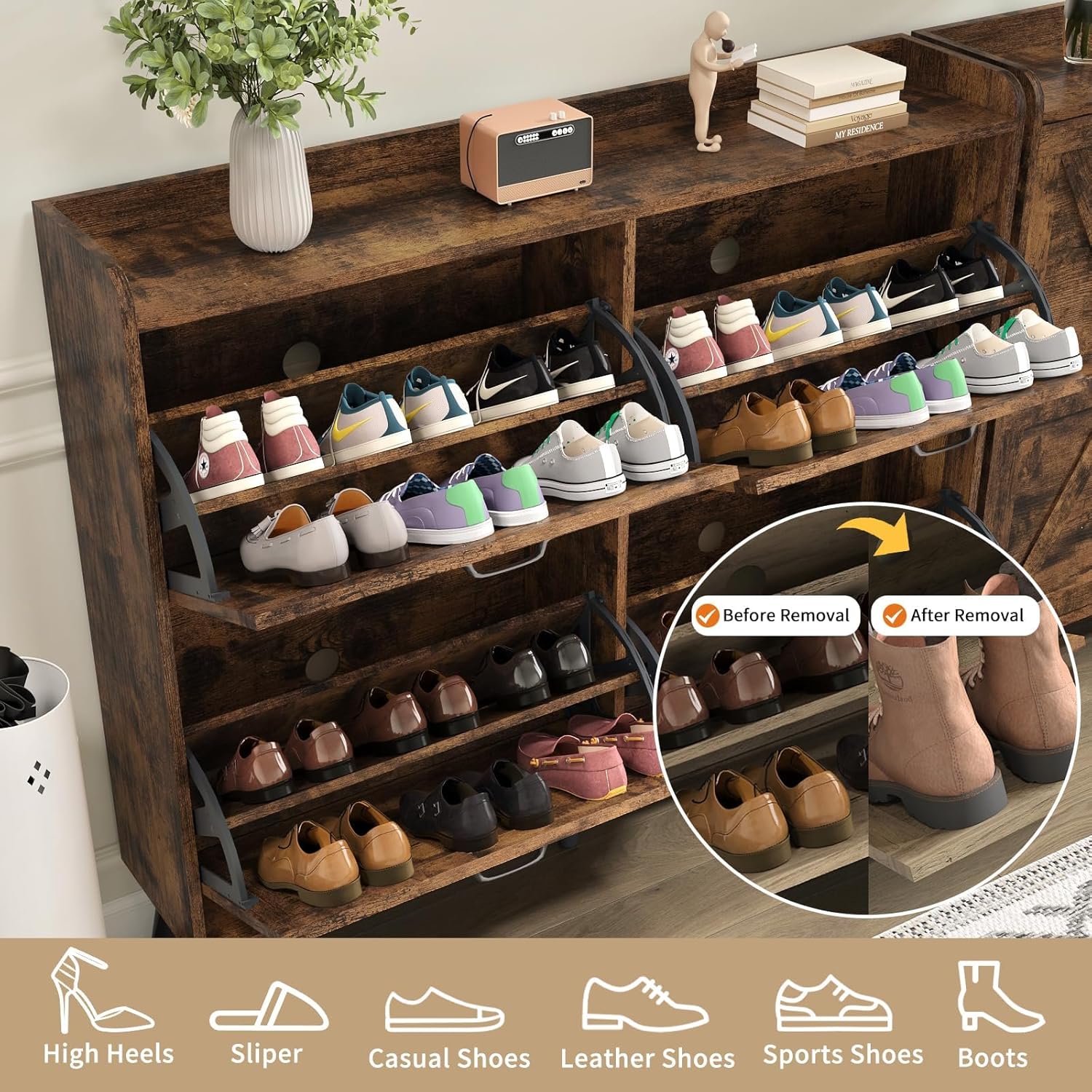 Shoe Cabinet Storage for Entryway Slim, Farmhouse Shoe Organizer Cabinet with 4 Flip Drawers, Farmhouse Hidden Shoe Rack with Wooden Legs, Rustic Brown
