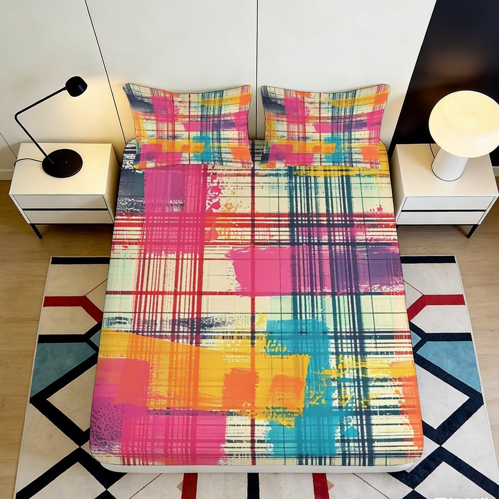 3D Printed Colorful Abstract Plaid Fitted Sheet Microfiber Soft Breathable Geometric Mattress Cover Bedroom Decor 90x200x25cm