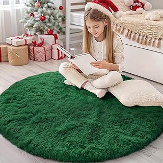 OLANLY Dark Green Round Rugs for Bedroom - Machine Washable,