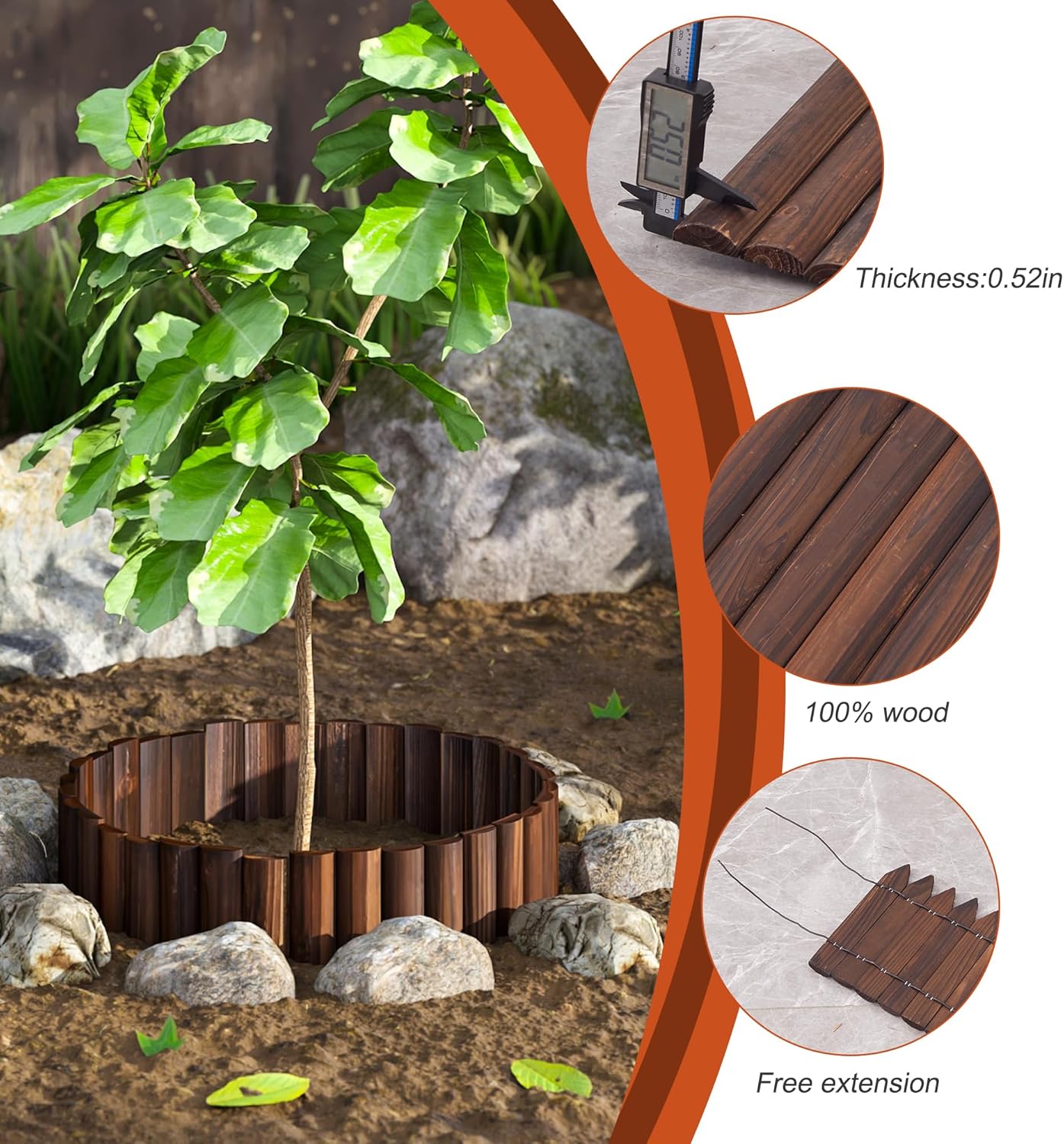 GHWIE Wood Garden Edging Border Fence, 7.9" Height Wooden Decorative Landscape Edging for Yard, Patio, Path, Flower Bed Barriers and Landscape Fencing,3PCS