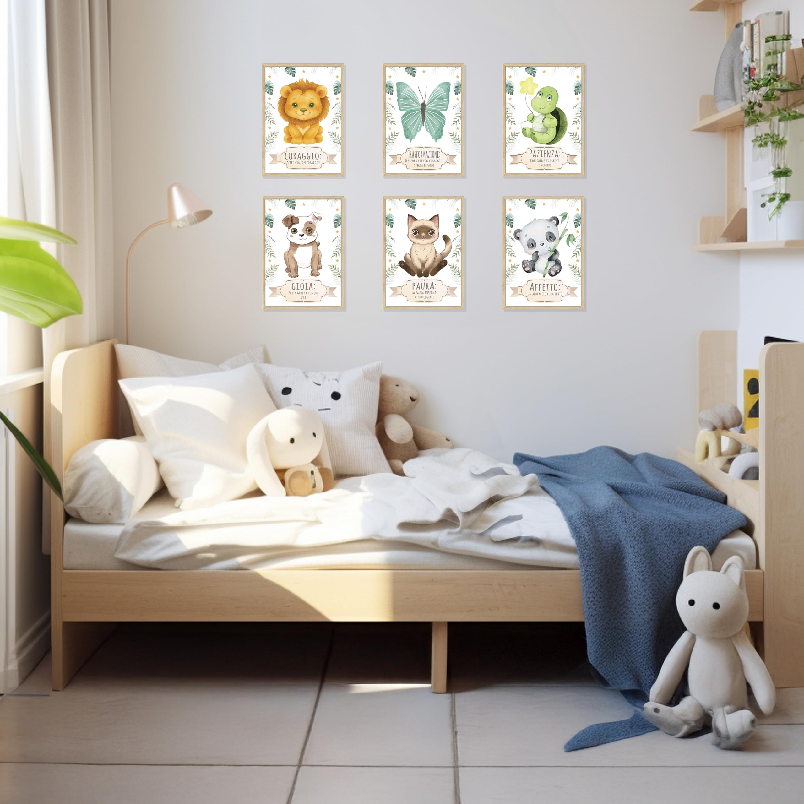 NAÏZAYA Cameretta Bambina Bambino Decorazioni - Set 6 Poster Quadri Animali 21x30cm - Frasi Motivazionali Italiano, Senza Cornice