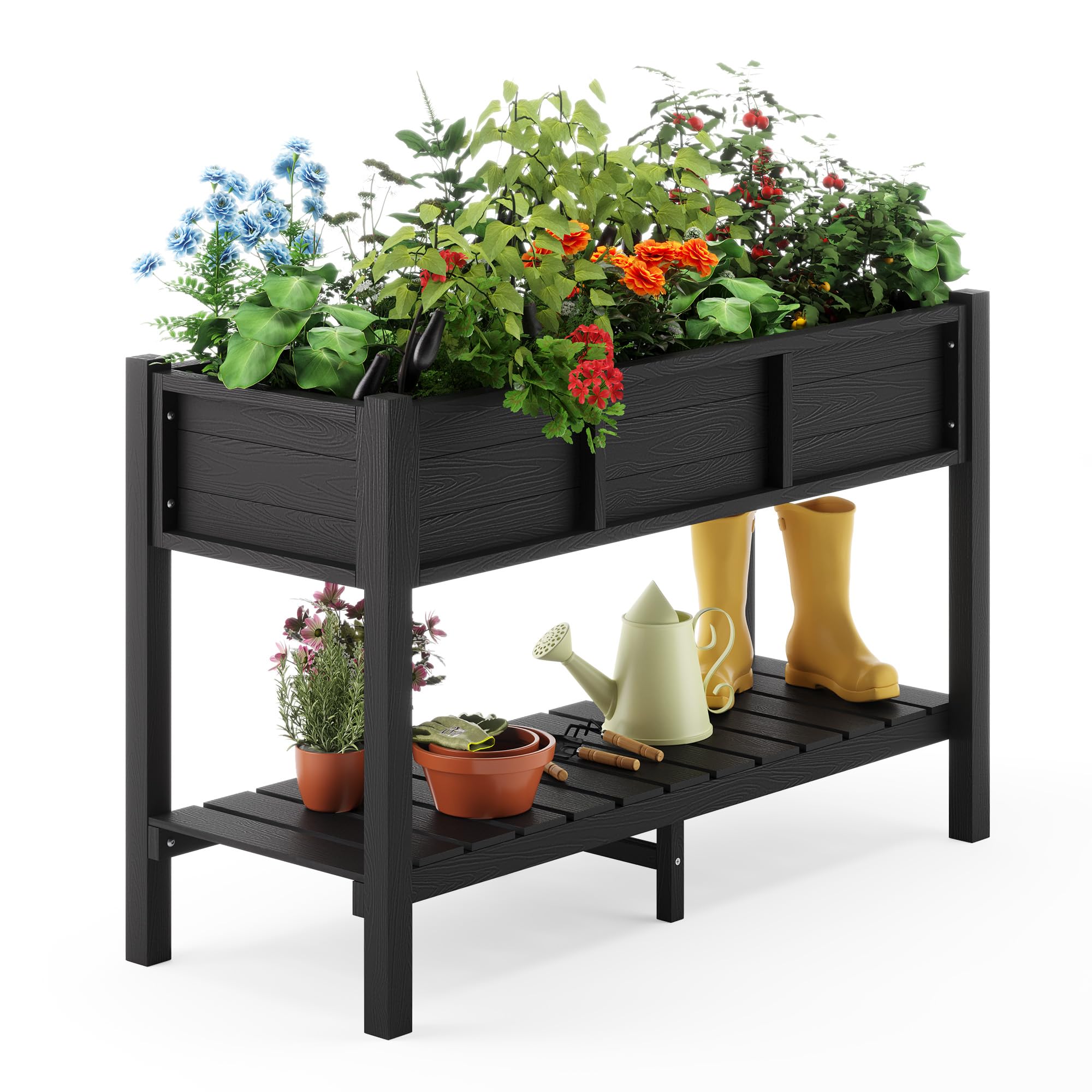 LUE BONA Hochbeet mit Werkzeugen, 113 x 45 x 73cm, HDPS - Hochbeetkasten mit Beinen und Ablagefach, wetterbeständig, 3 Jahre Garantie, für Kraut - & Gemüseanbau, Garten, Balkon, schwarz