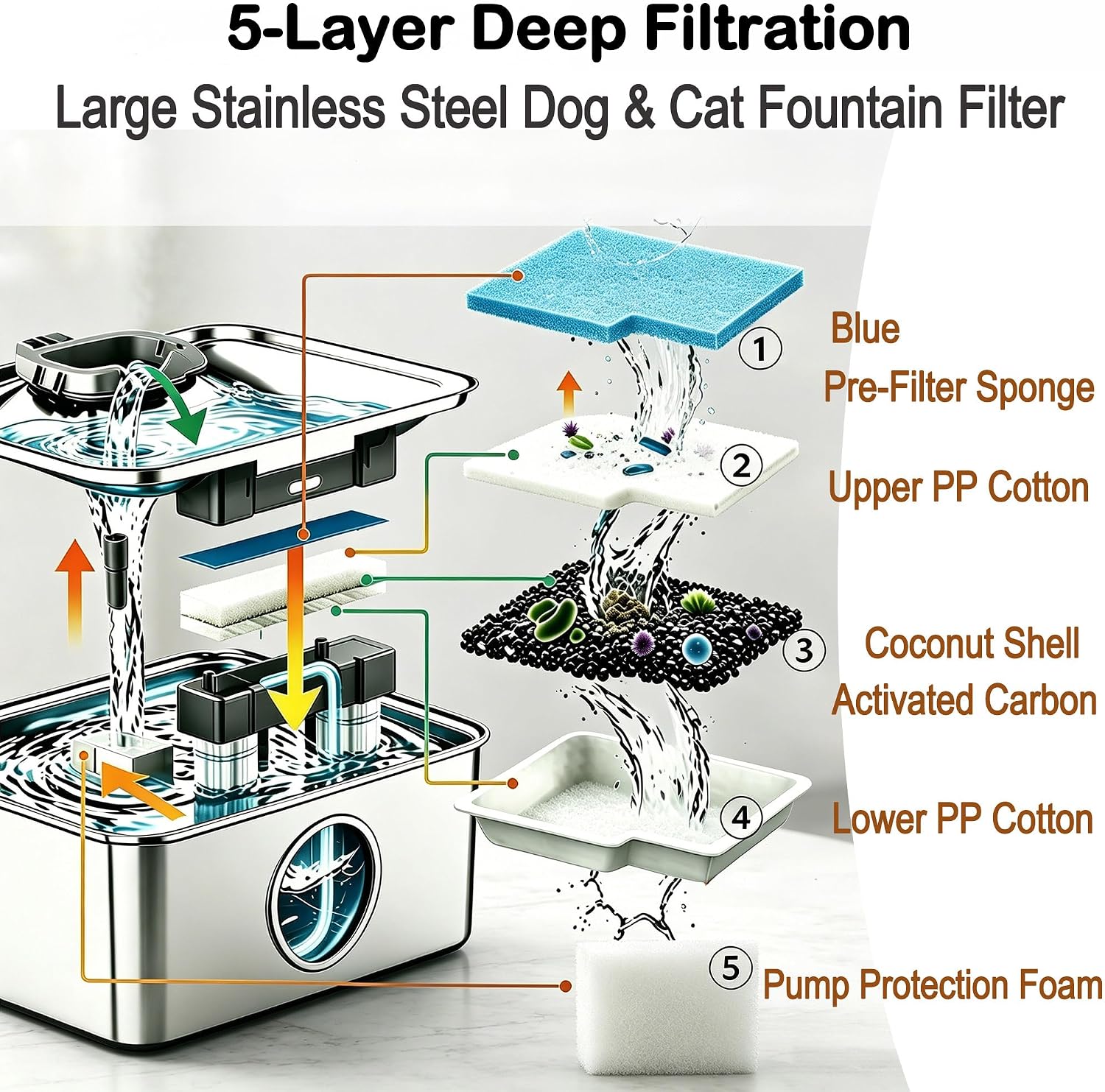 50-Pack Replacement Filters for SIBAYS Kastty 15L Dog Water Fountain | 16 complete assemblies & 2 brushes, fits 4Gal, 5-stage filtration, sponge coconut carbon fill, odor absorption, anti-clog