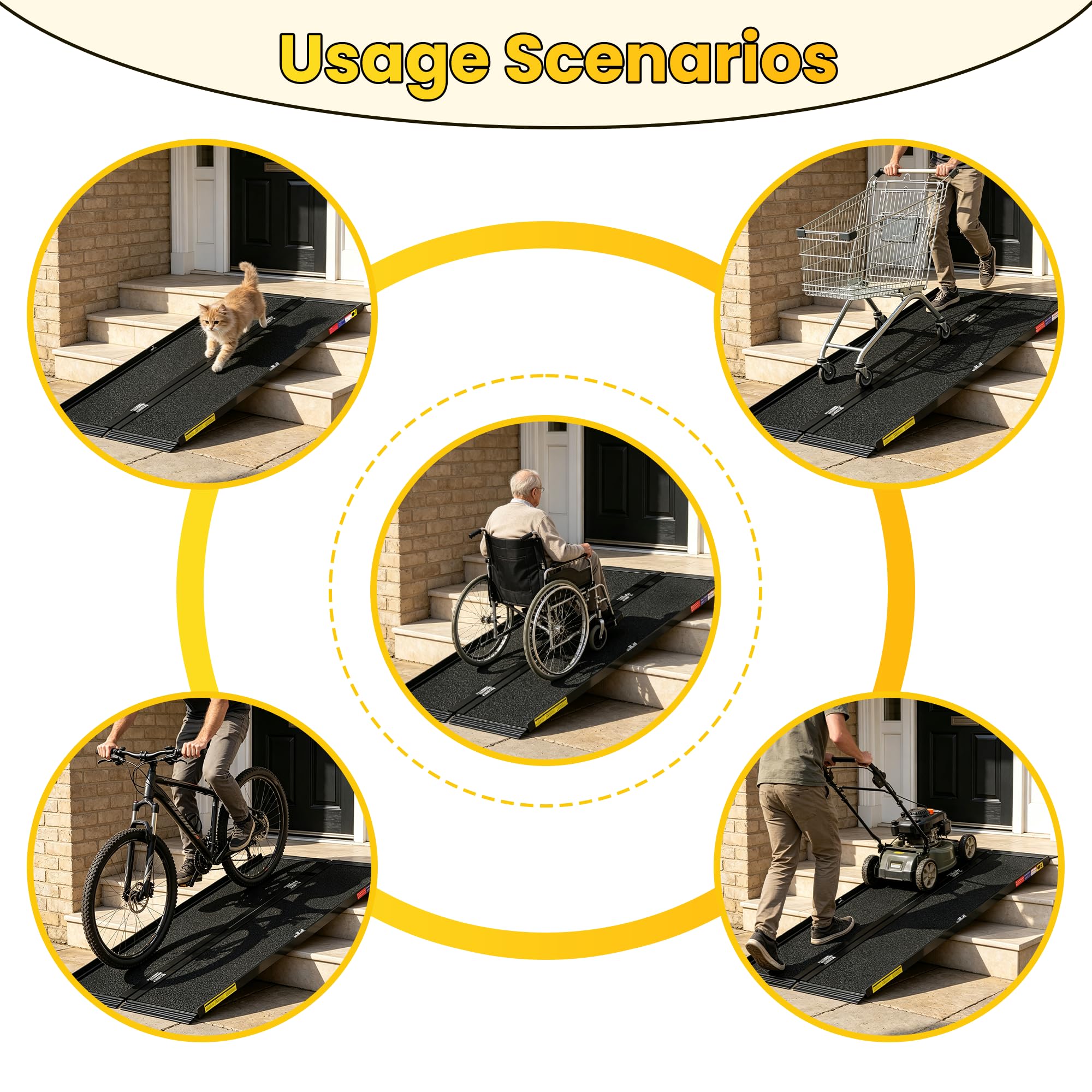 Nelyrho Rampa plegable de aluminio para silla de ruedas de 5 pies, superficie antideslizante, diseño de bloqueo rápido, rampa de umbral portátil para escalones y puertas del hogar, color negro