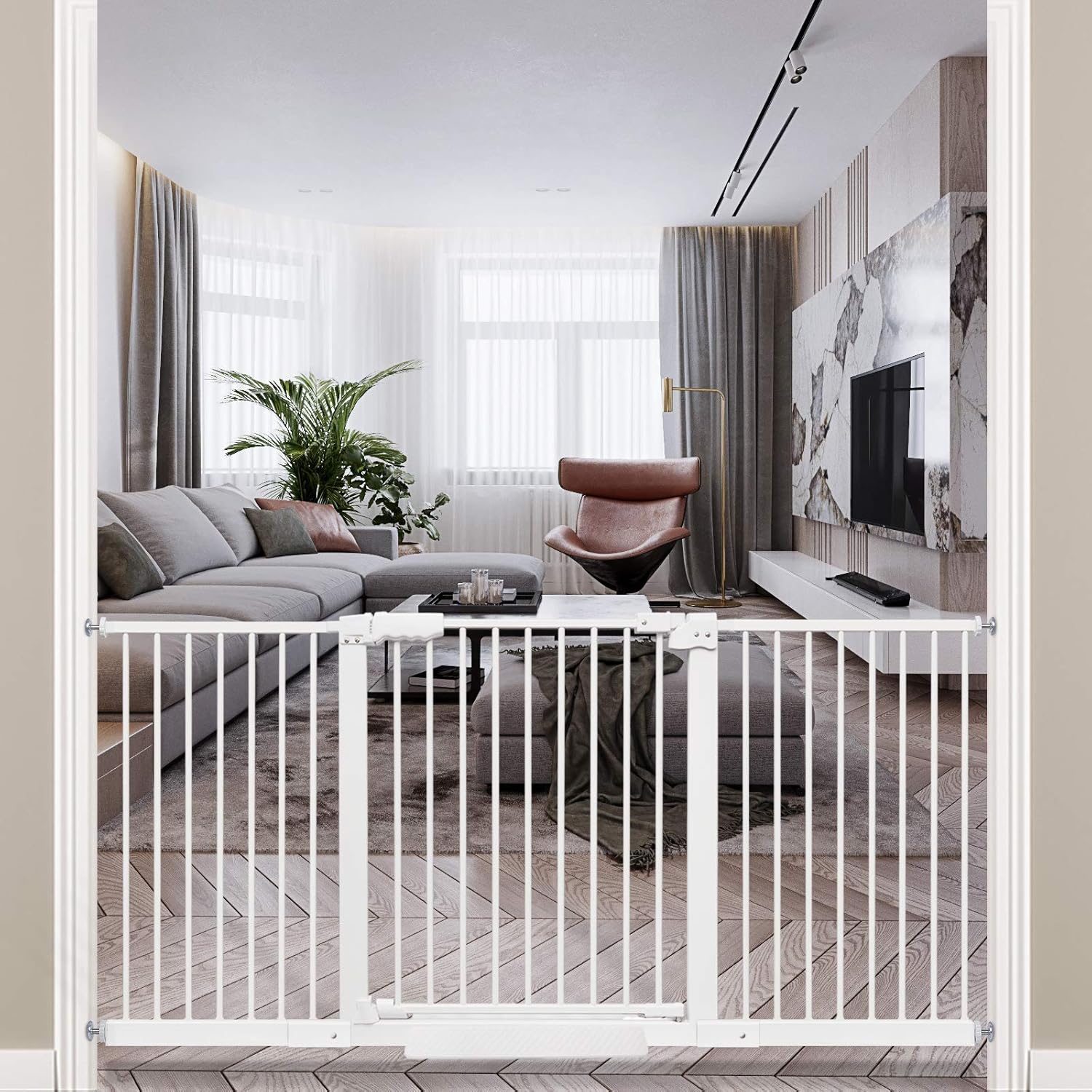 HOOOEN Extra Wide Baby Gate Large Pressure Mounted Pet Gate Walk Through Child Kids White Long Safety Dog Gate for The House Doorways Stairs with Extensions (65.7"-69.6"/167-177CM, White)