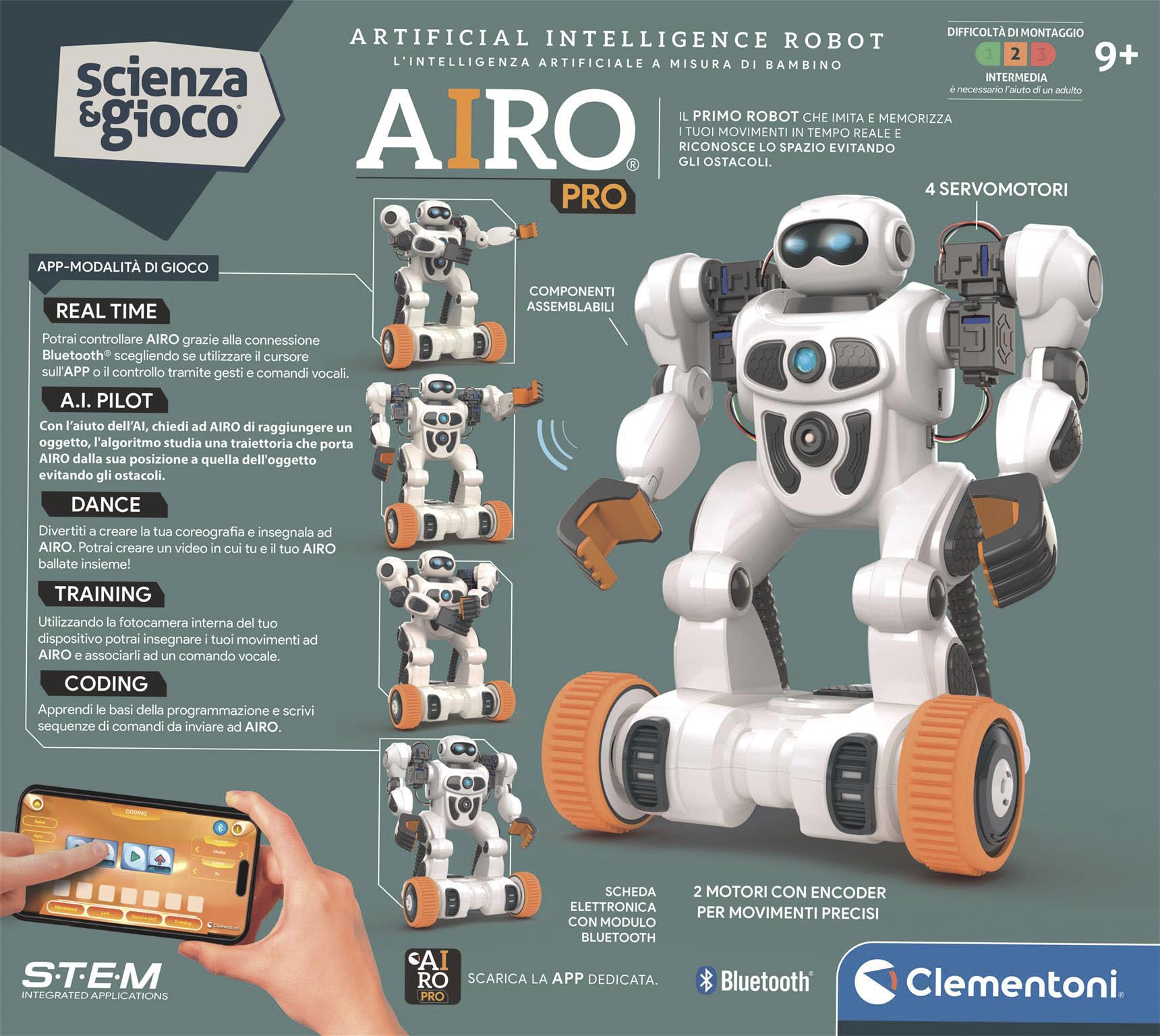 Clementoni Scienza e Gioco Robotics - AIRO PRO, Robot da Assemblare, Bambini 9+ Anni, con APP Dedicata e Tecnologia AI, Imita Movimenti con l'Intelligenza Artificiale, 6 Motori, Lingua Italiana, 19449
