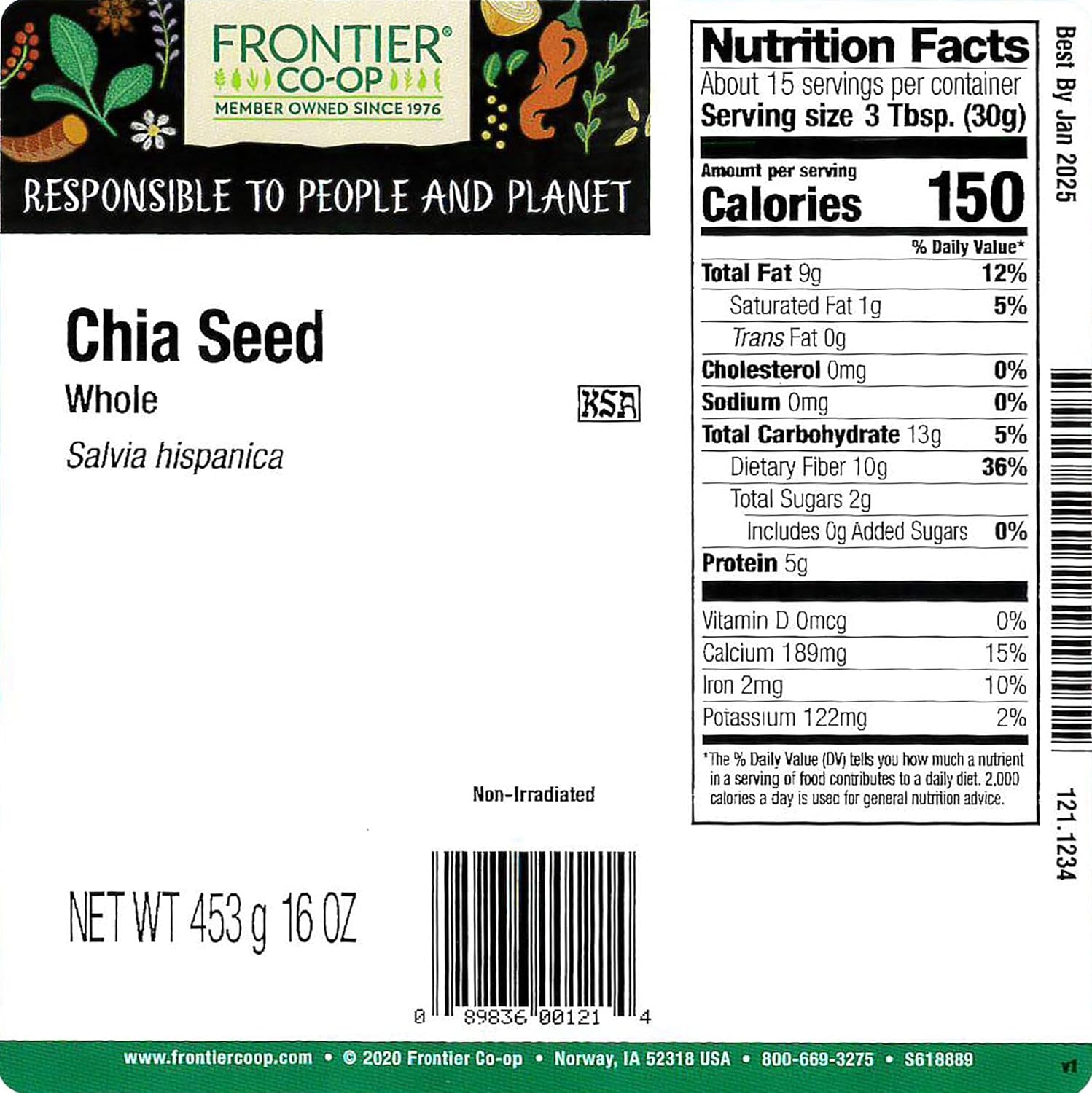 FRONTIER HERB Whole Chia Seed, 16 Ounce