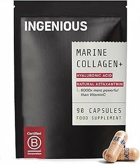 INGENIOUS 100% Pure Marine Collagen Capsules | Natural Astaxanthin > Powerful Than VitC | Hydrolysed Collagen Peptides | Hyaluronic Acid Supplement | Skin, Nails, Hair - 30Day Supply