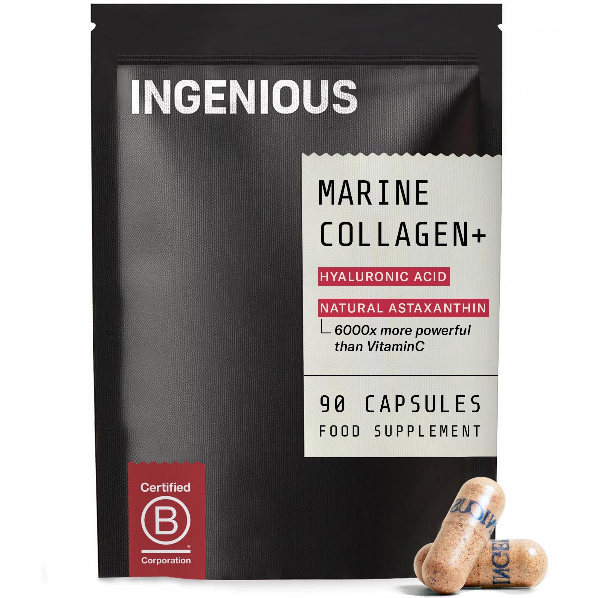 INGENIOUS 100% Pure Marine Collagen Capsules | Natural Astaxanthin > Powerful Than VitC | Hydrolysed Collagen Peptides | Hyaluronic Acid Supplement | Skin, Nails, Hair - 30Day Supply