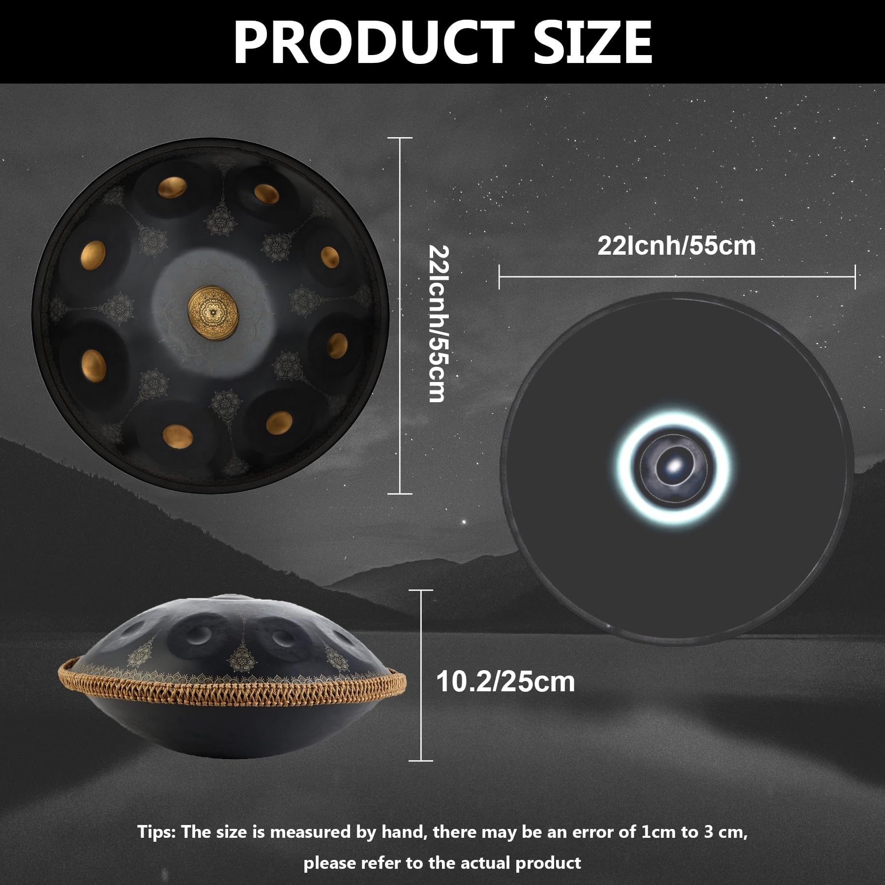 Handpan bęben językowy, ręczny instrument 56 cm, mandala, bęben, stalowy bęben perkusyjny, z torbą podróżną, 440 Hz, stalowy bęben językowy D-moll, instrument perkusyjny (czarny, 9 nut)