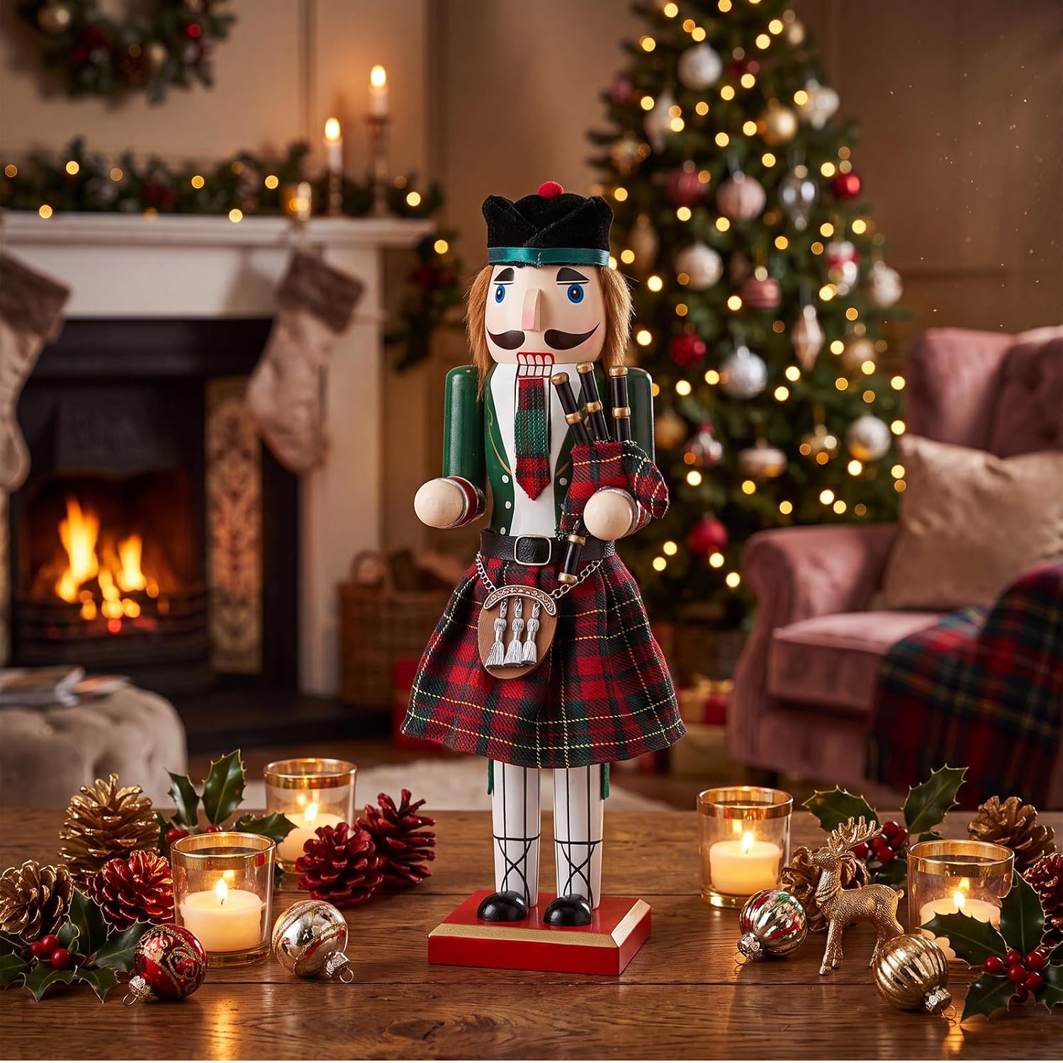Wenqik 14 Inch Traditional Wooden Nutcracker Christmas Collectible Nutcracker Green Scottish Bagpiper Wooden Puppet Ornaments Gift for Winter Xmas Table Desktop Fireplace Decorations