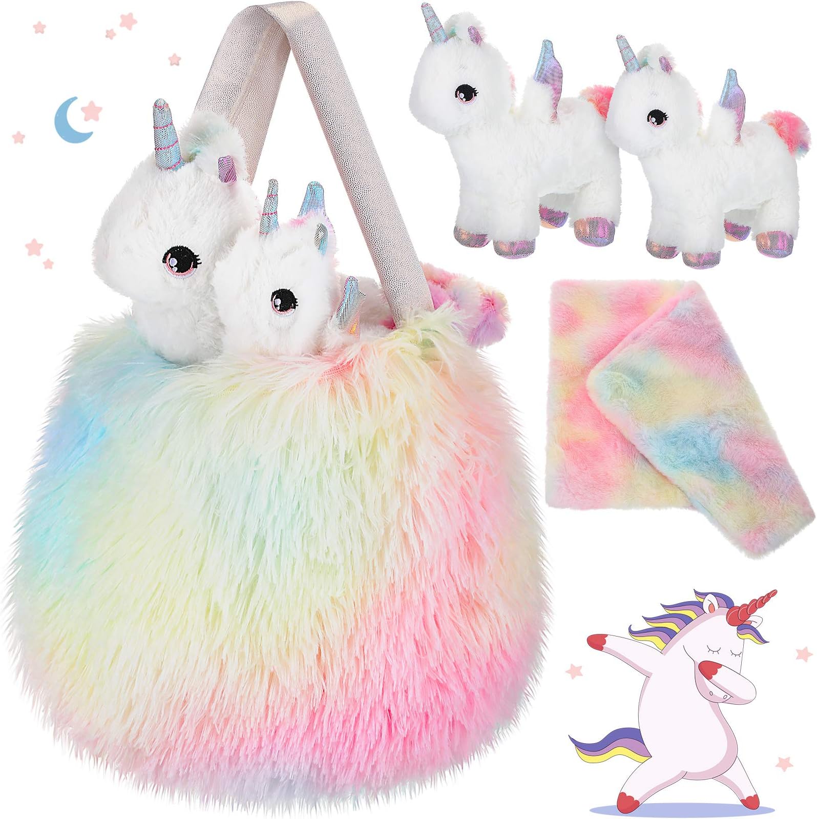 Sumind4 Pieces Unicorn Toys for Girls Plush Stuffed Unicorn Toys, XL Furry Bag and Doll Blanket, Adorable Plush Stuffed Animal Toy for Birthday Party Favors ()