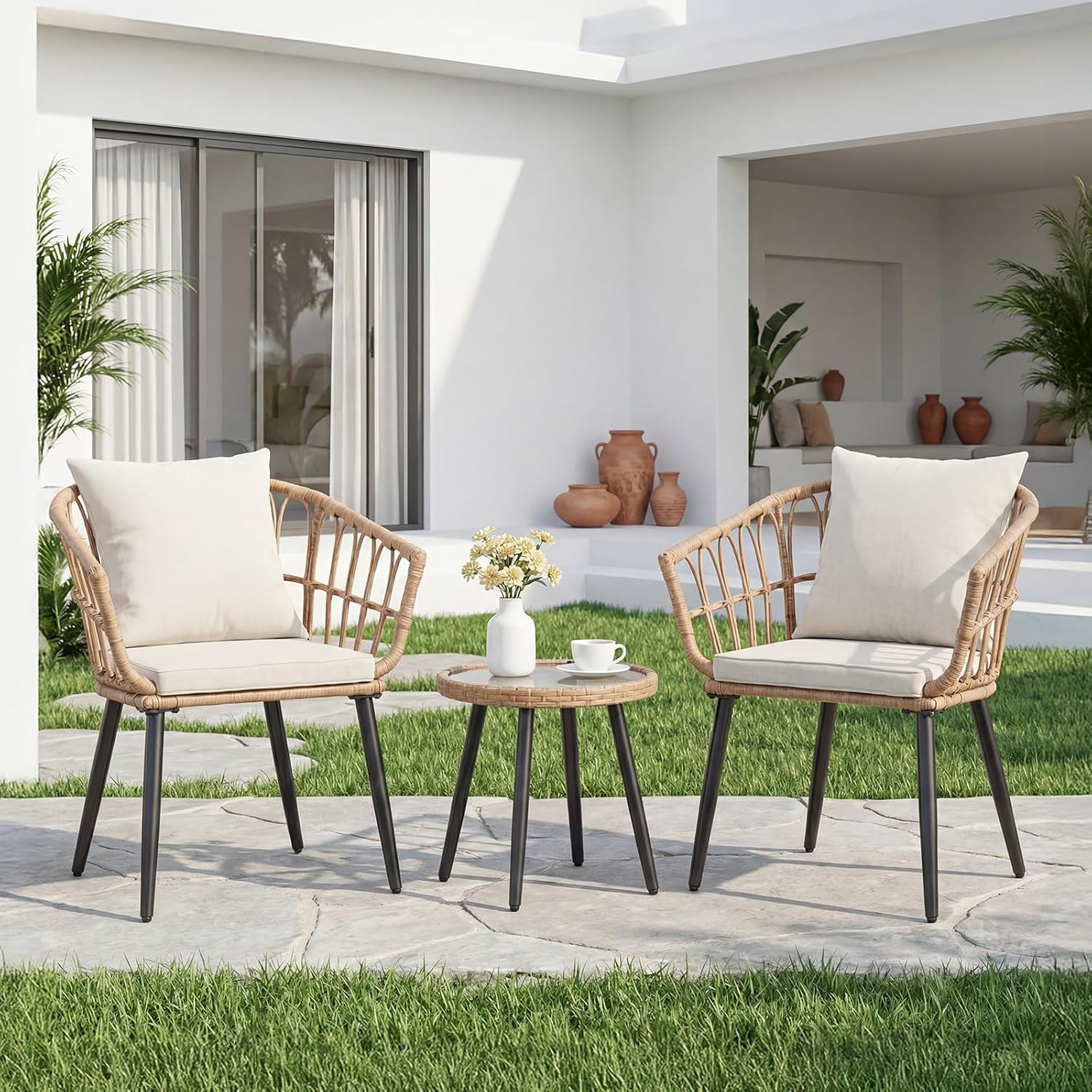 DUMOS 3 Pieces Outdoor Bistro Set, All-Weather PE Rattan Patio Furniture Set with Cushions, Steel Frame Table and Chairs for Balcony, Apartment, Porch, Beige