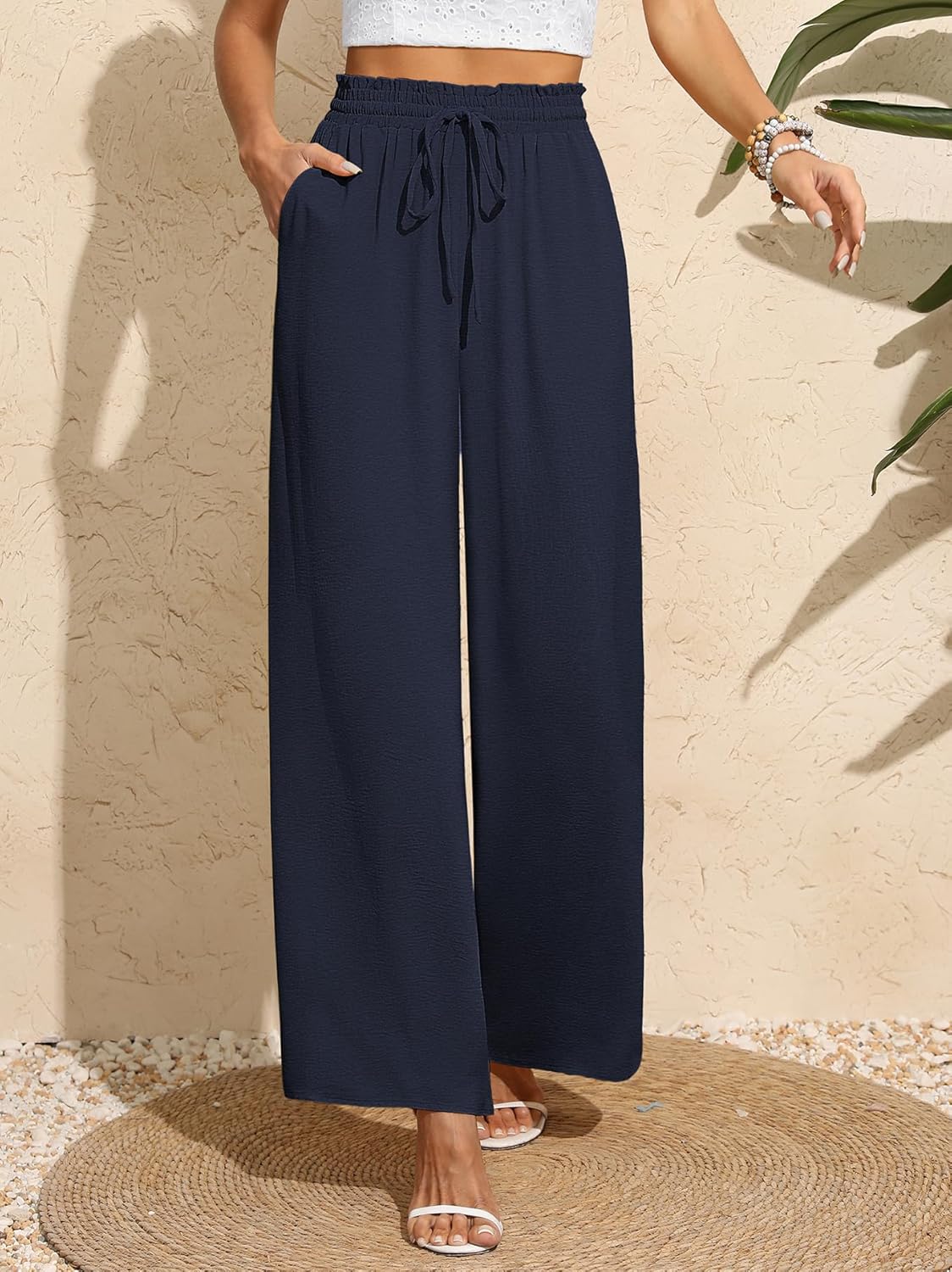 BEIGAI Women's Trousers, Wide, Loose, Straight Cut Palazzo Trousers, High Waist, Stretchy, Lounge, Elegant Trousers with Pockets - Image 2
