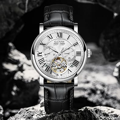 Men's Automatic Tourbillon Vintage Watch - Black Leather Strap, Skeleton Roman Dial, Day-Date Calendar, 30 ATM Waterproof, Luminous Hands - Classic & Fashion Watch for Men