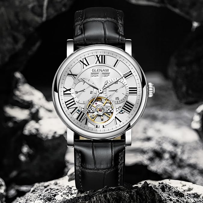 Men's Automatic Tourbillon Vintage Watch - Black Leather Strap, Skeleton Roman Dial, Day-Date Calendar, 30 ATM Waterproof, Luminous Hands - Classic & Fashion Watch for Men