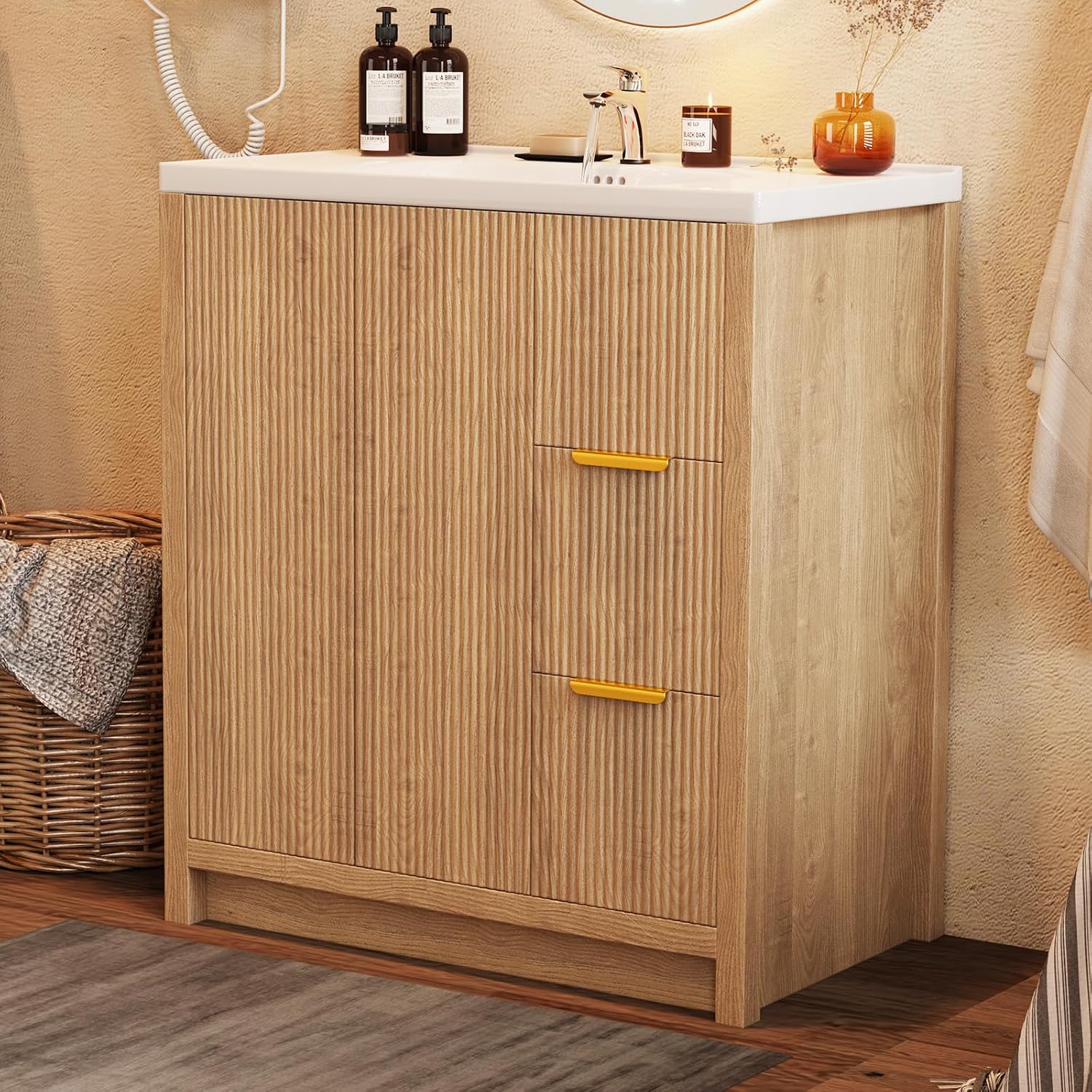 32" Bathroom Vanity with Sink,Single Sink Bathroom Vanities with 2 Doors & 2 Drawer,Freestanding Storage Bathroom Vanity with Sink,Natural Brown,31.5"*18.5"*35.4"