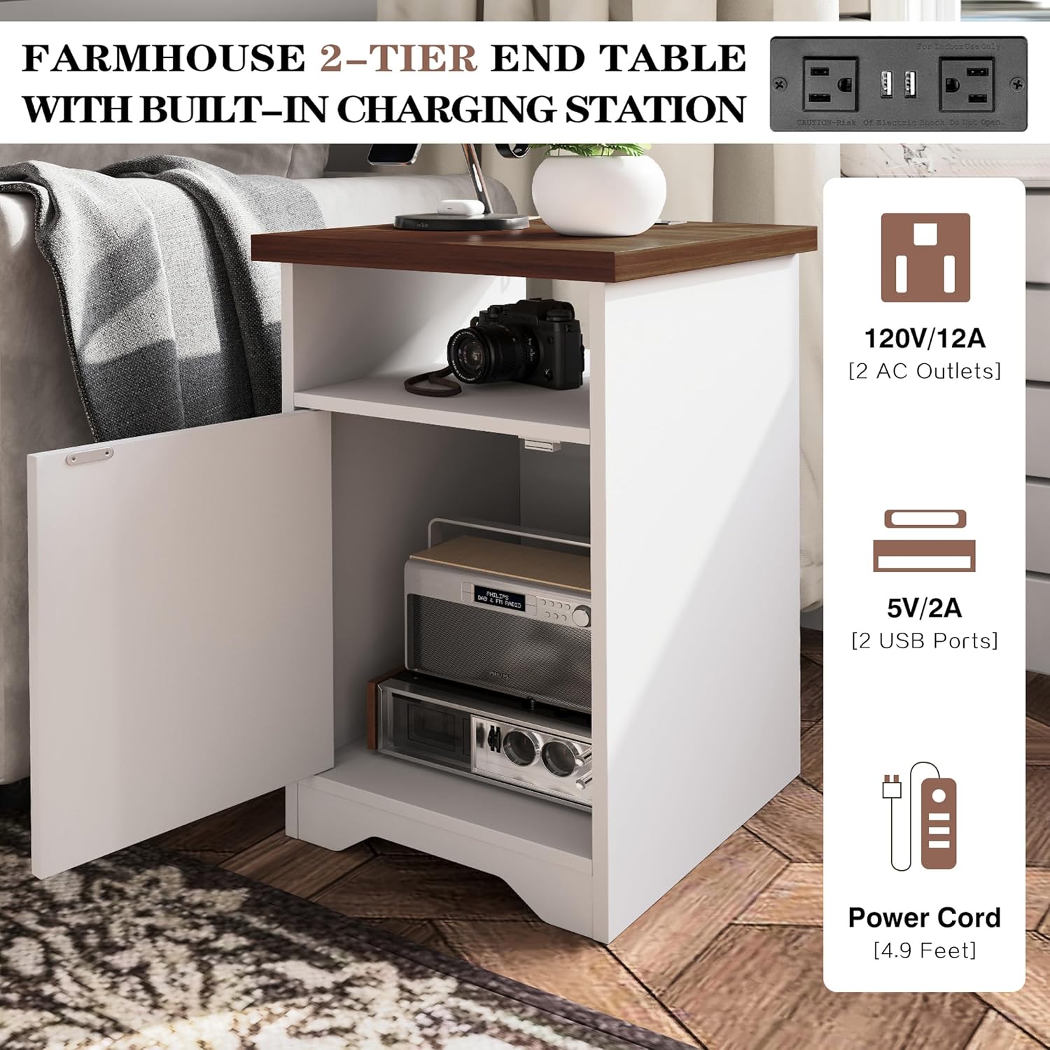 WERSMT Farmhouse Rustic Coffee and End Table Sets, Living Room Table Set of 3, Charging Station & USB Ports, Coffee Table Set of 3, White+Walnut