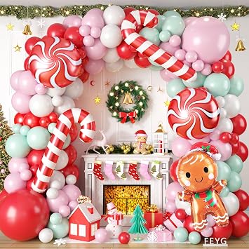 Pastel Pink Maca Green Red Christmas Balloons - 125 PCS Arch Kit with Candy Cane & Gingerbread Balloons for Party Decoration