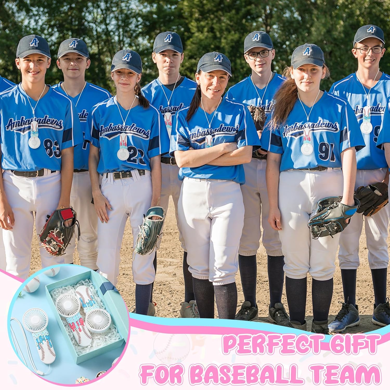 Honoson 12 Pcs Mini Portable Baseball Ice Cream Drip Fan Bulk Small Personal Handheld Fan with Lanyard for Team Gift Game Outdoor Sport Party Favors, Battery Not Include(Pink and Blue)