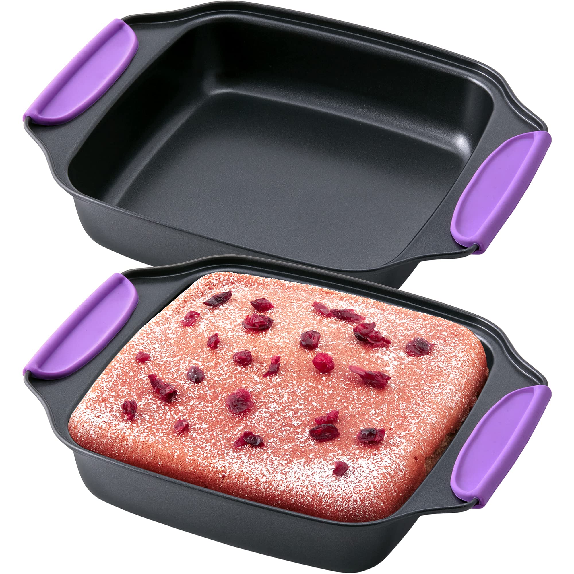 Amazing Abby - Chef Stacy - 2-Pack 8" x 8" Non-Stick Square Cake Pan with Heat-Resistant BPA-Free Silicone Handle Grips, Cake Baking Pan, Oven-Safe Bakeware, Carbon Steel Pan for Oven