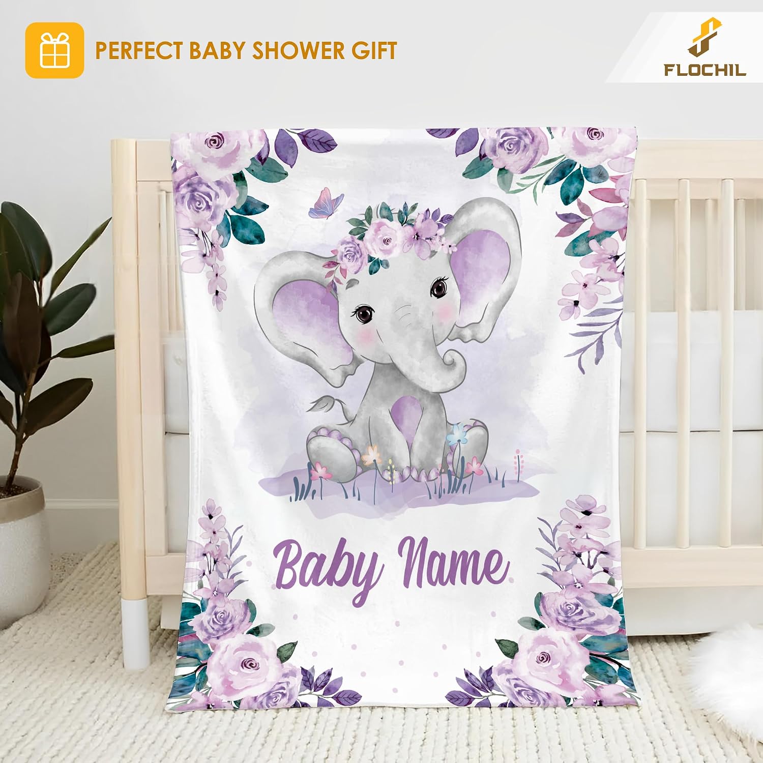 FLOCHIL Personalized Baby Blanket for Girls, Custom Baby Blanket with Name, Customized Elephant Baby Blanket, Gift for Baby Shower, Toddler, Babies, Newborn