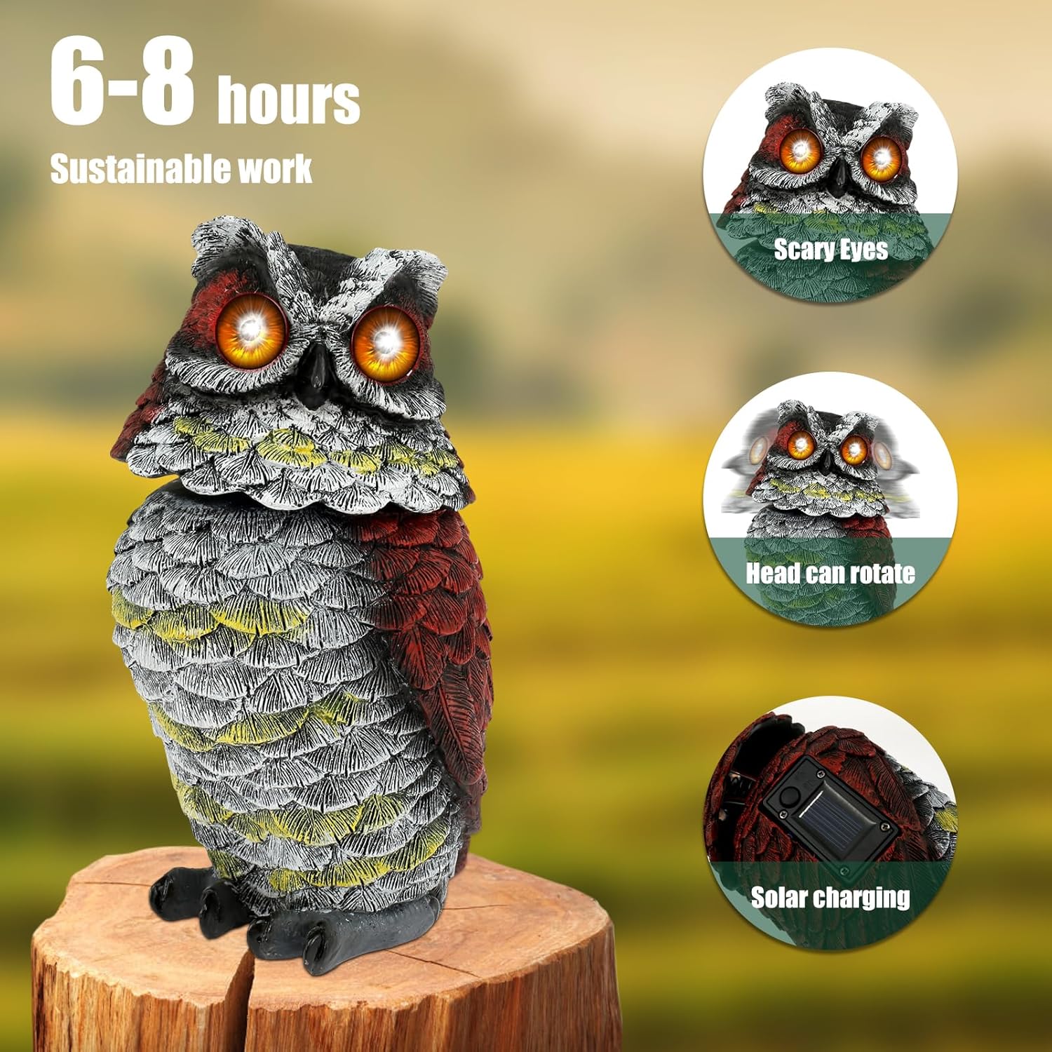 Solar Owl with Flashing Eyes and Rotating Head Realistic Owl Resin Statue Waterproof Solar Decoys to Birds Away for Patio Yard Porch Lawn(A) - Image 5