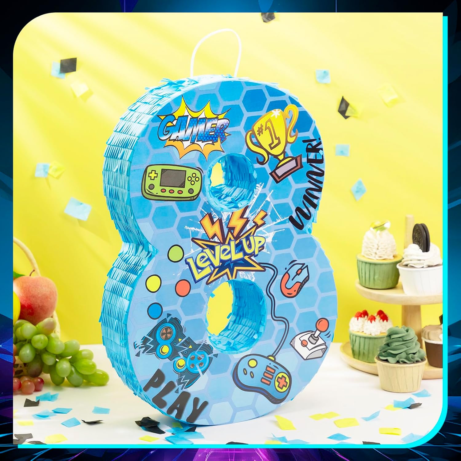 Simgoing Number 8 Video Game Piñata 16. 5 Inch Gaming Controller 8th Birthday Party Supplies Decorations Piñata with Confetti for Gaming Theme Party Carnival Events Decor