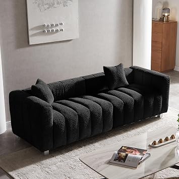87.4" Modern Upholstered Sofa, Piano-Key Tufted Teddy Velvet Couch, 3-Seater Comfortable Living Room & Office Sofa Black