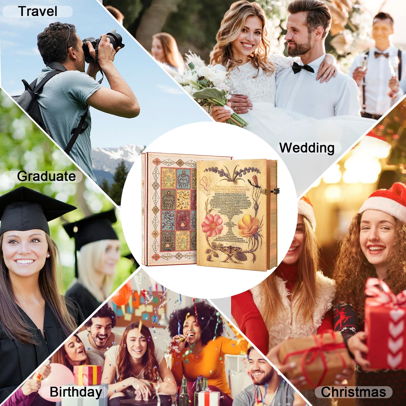 Diario con forro vintage de 96 hojas/192 páginas, viene con bolsillo de sobre, diario retro 3D de tapa dura, adecuado como diario de viaje, cuaderno o aniversario de boda.