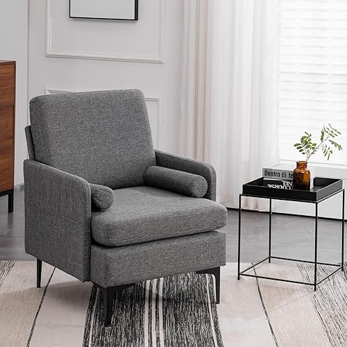 Miniatura 7 de VINGLI Silla decorativa moderna de lino gris de 25 pulgadas de ancho, silla de lectura tapizada, cómoda silla de asiento lateral, sillón para sala