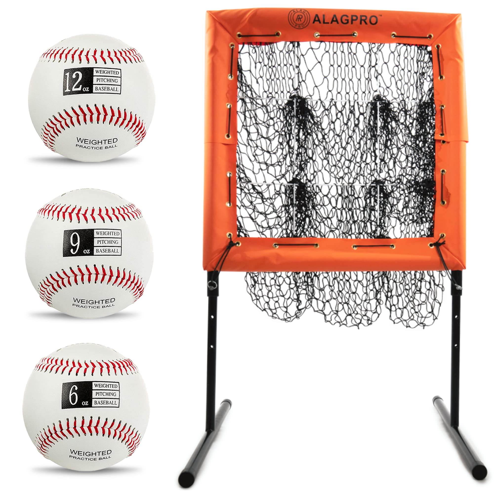 Pocket Pitching Net 9 Hole Pitching Target Strike Zone for Baseball & Softball Pitchers | Best Pitching Aid for Improve Accuracy | Pitcher Training Equipment + 3 Weighted Practice Balls (6, 9, 12oz)