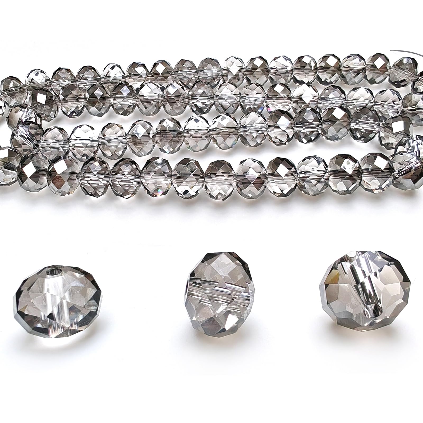10mm Rondelle Glass Beads for Jewelry Making, Faceted Briolette Crytal Spacer Beads for Bracelet Necklace Earring, Clear Grey 200pcs