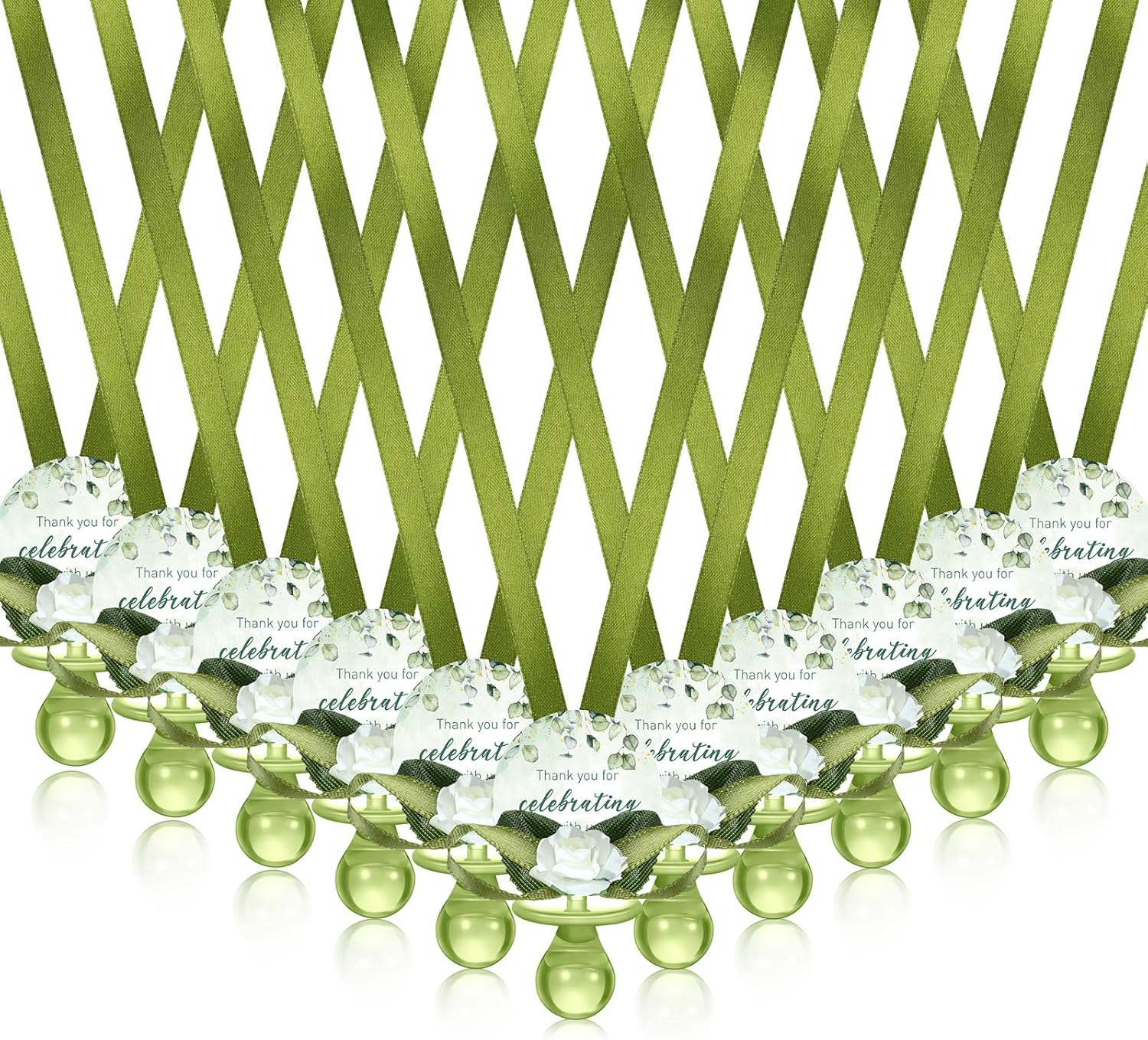 Coume 60 Pcs Sage Green Baby Shower Favors Acrylic Pacifier Necklace Thank You Gift Bulk with Cards for Guests Prizes Baby Shower Games Favors