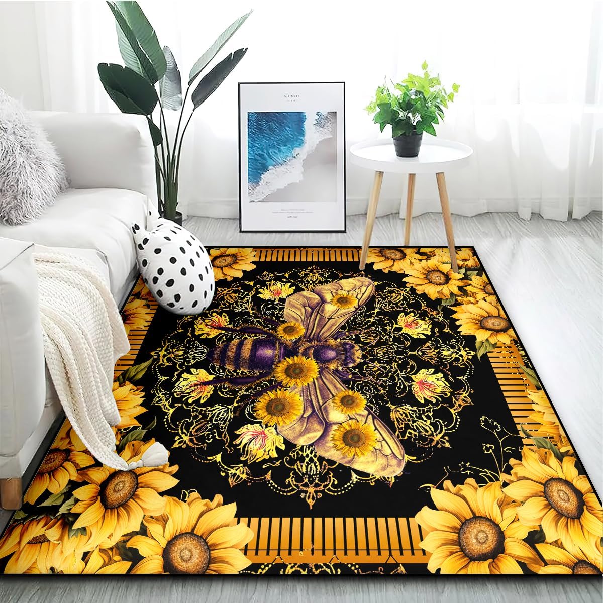 Sunflower Area Rug Cute Bee Rug 6×9，Luxury Mandala Floral
