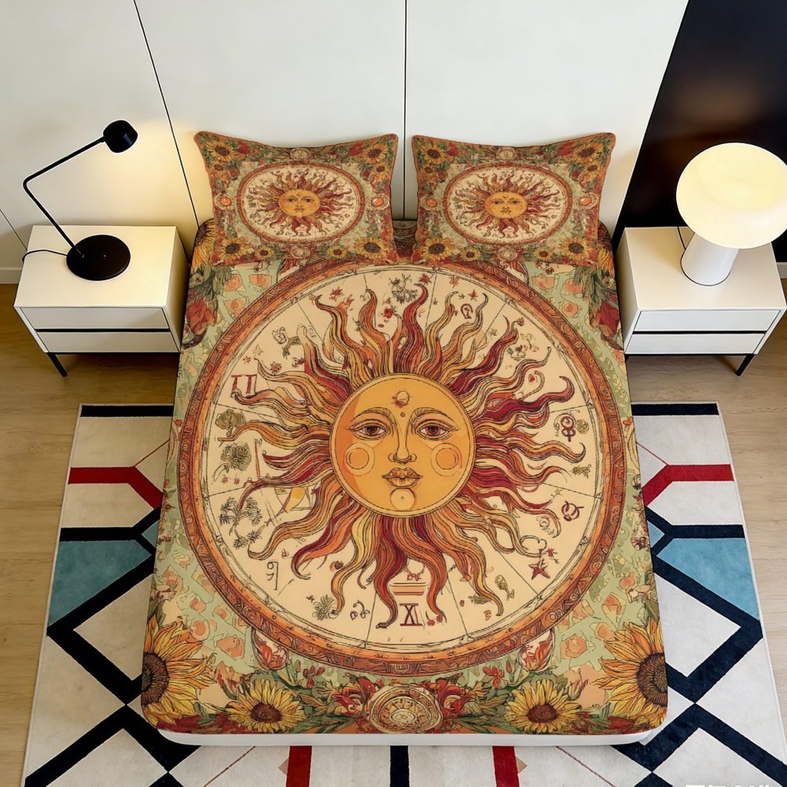 3D Printed Sun Mandala Fitted Sheet Microfiber Soft Art Decor Boho Sun Face Mattress Cover for Bedroom Dorm 90x200x25cm