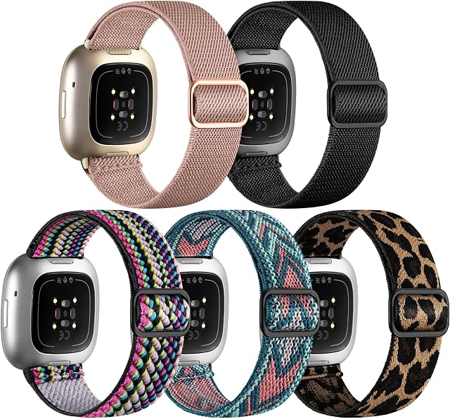 Charlam 5 Pack Nylon Loop Straps Compatible with Fitbit Versa 3/ Versa 4 Straps/ Fitbit Sense /Sense 2 Strap, Soft Stretchy Sport Braided Replacement Wristband for Women Men, Multi Colours