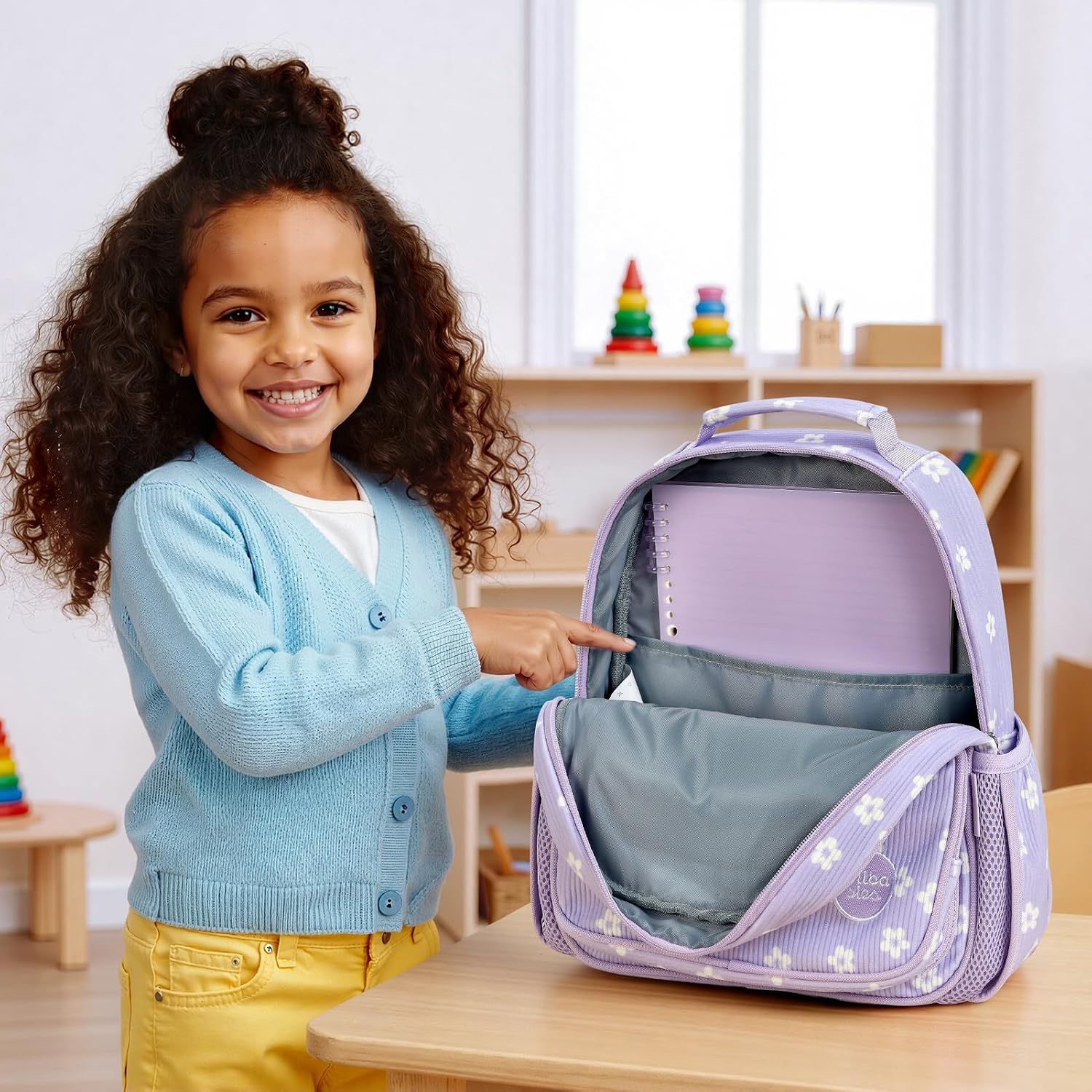 mibasies Corduroy Toddler Backpack for Girls 2-4: Little Kids Backpacks for Preschool Prek Daycare - Cute 12 Inch Bookbag - Purple Flower