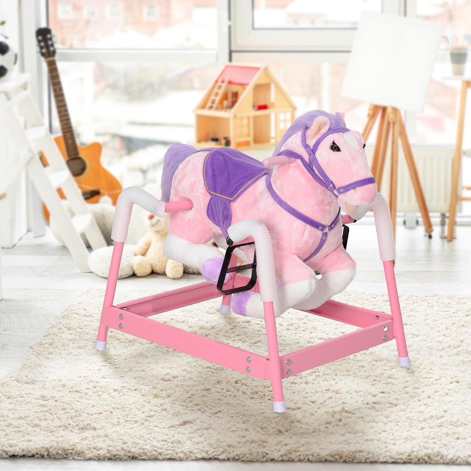 Spring Rocking Horse, Kids Ride on Horse, Plush Horse Ride-on with Sounds & Foot Stirrups, Saddle for Kids 3-8 Years, Pink